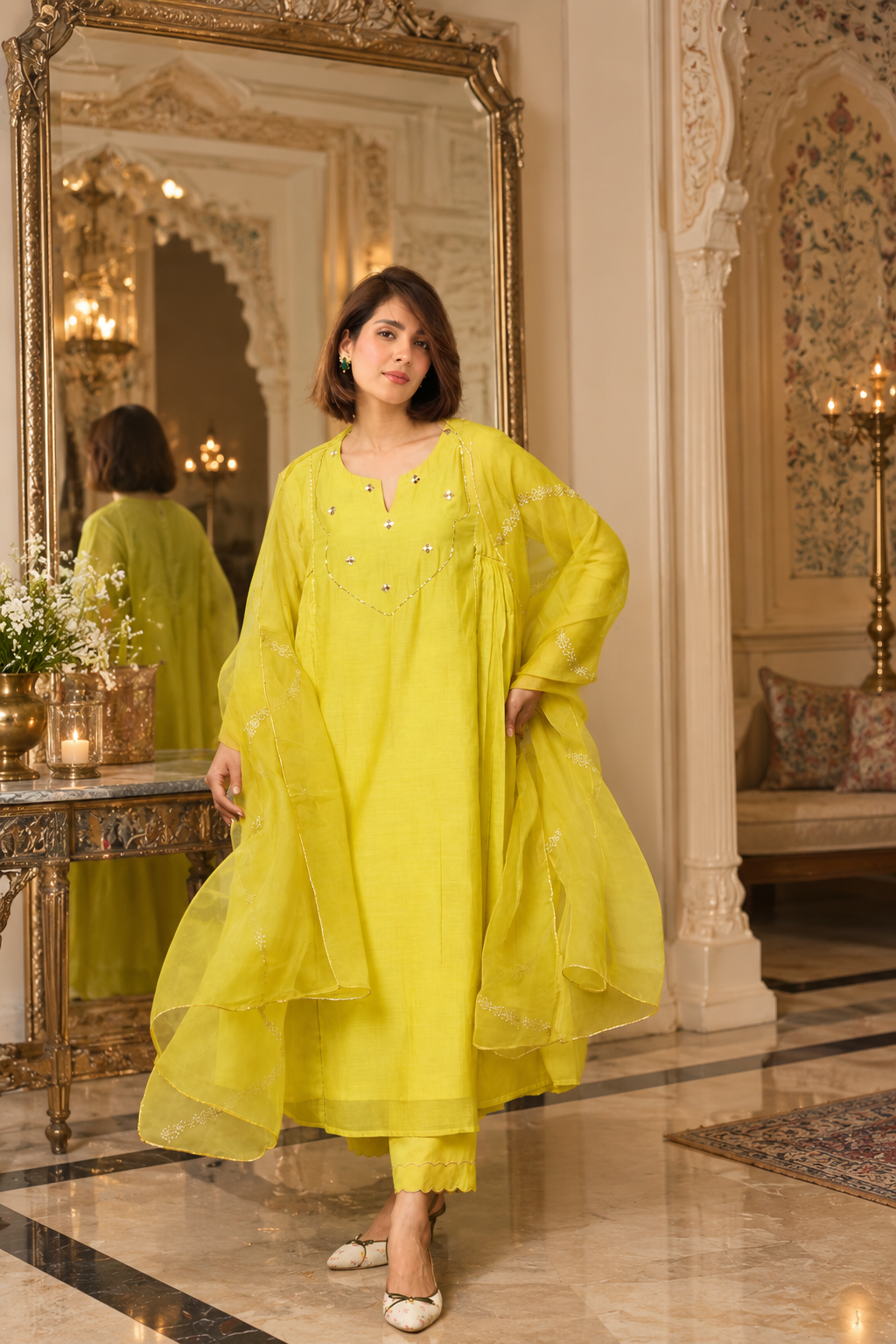 Lime Green Handwork Mul Chanderi Kurta Set with Flared Dupatta