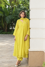 Lime Green Handwork Mul Chanderi Kurta Set with Flared Dupatta