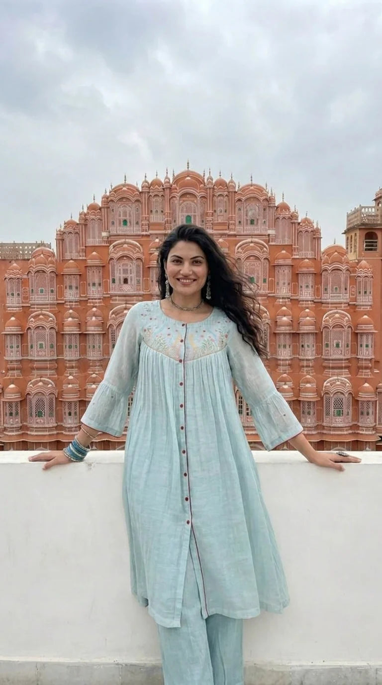 Sky Blue Embroidered Cotton Kurta Pant Set for Women