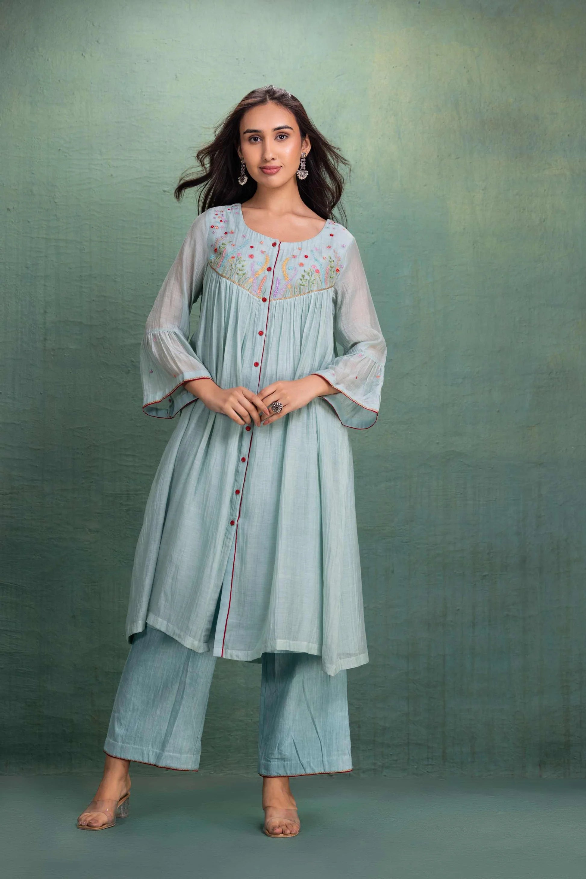 Sky Blue Embroidered Cotton Kurta Pant Set for Women