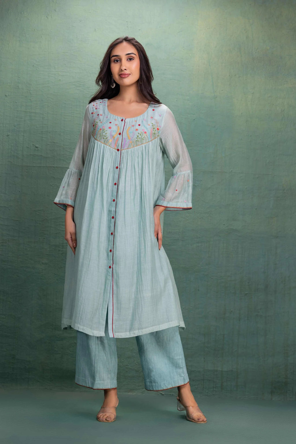 Sky Blue Embroidered Cotton Kurta Pant Set for Women