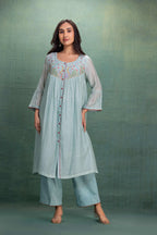 Sky Blue Embroidered Cotton Kurta Pant Set for Women