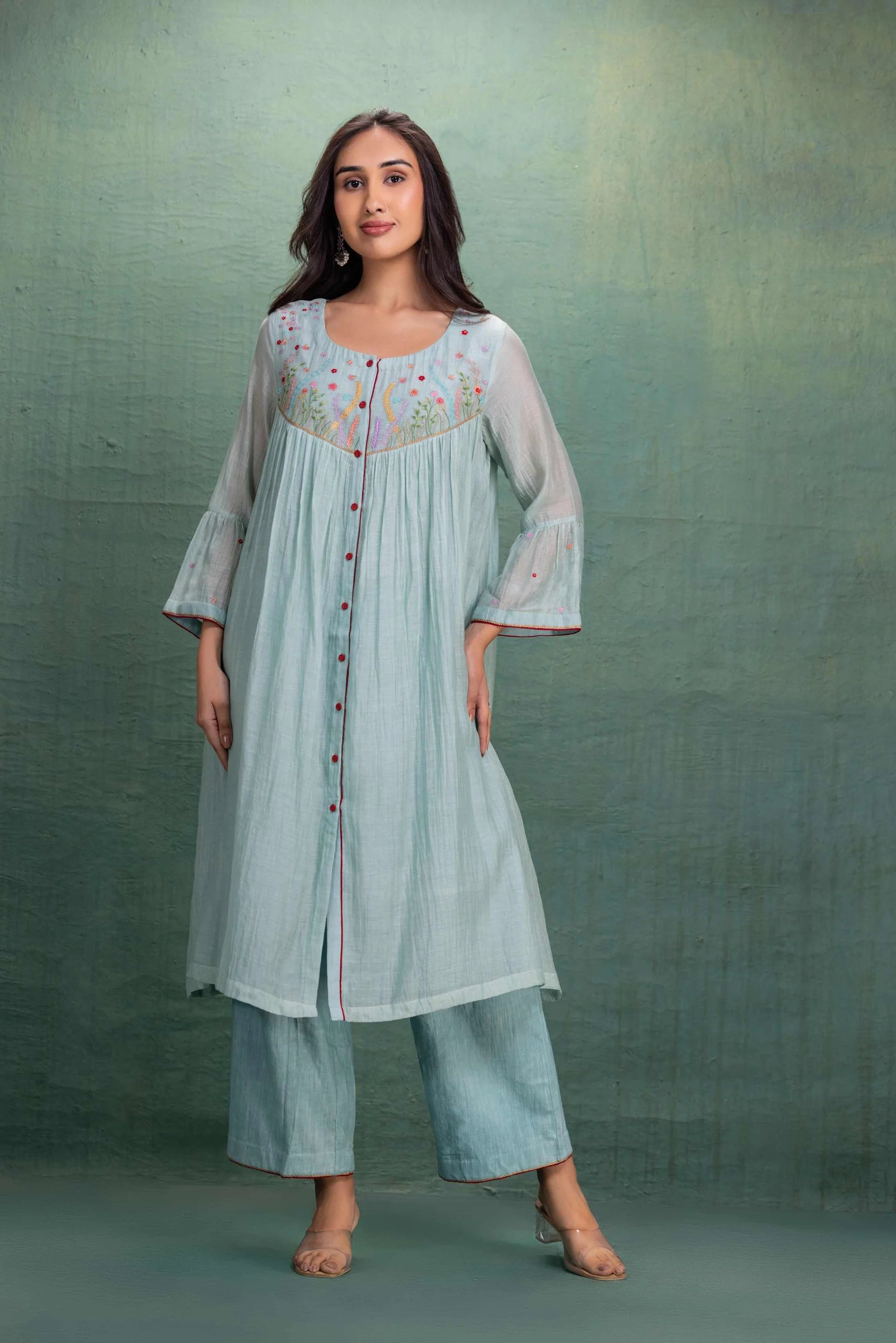 Sky Blue Embroidered Cotton Kurta Pant Set for Women