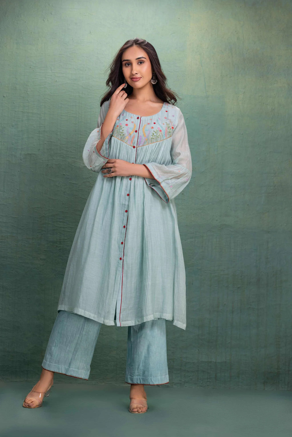 Sky Blue Embroidered Cotton Kurta Pant Set for Women