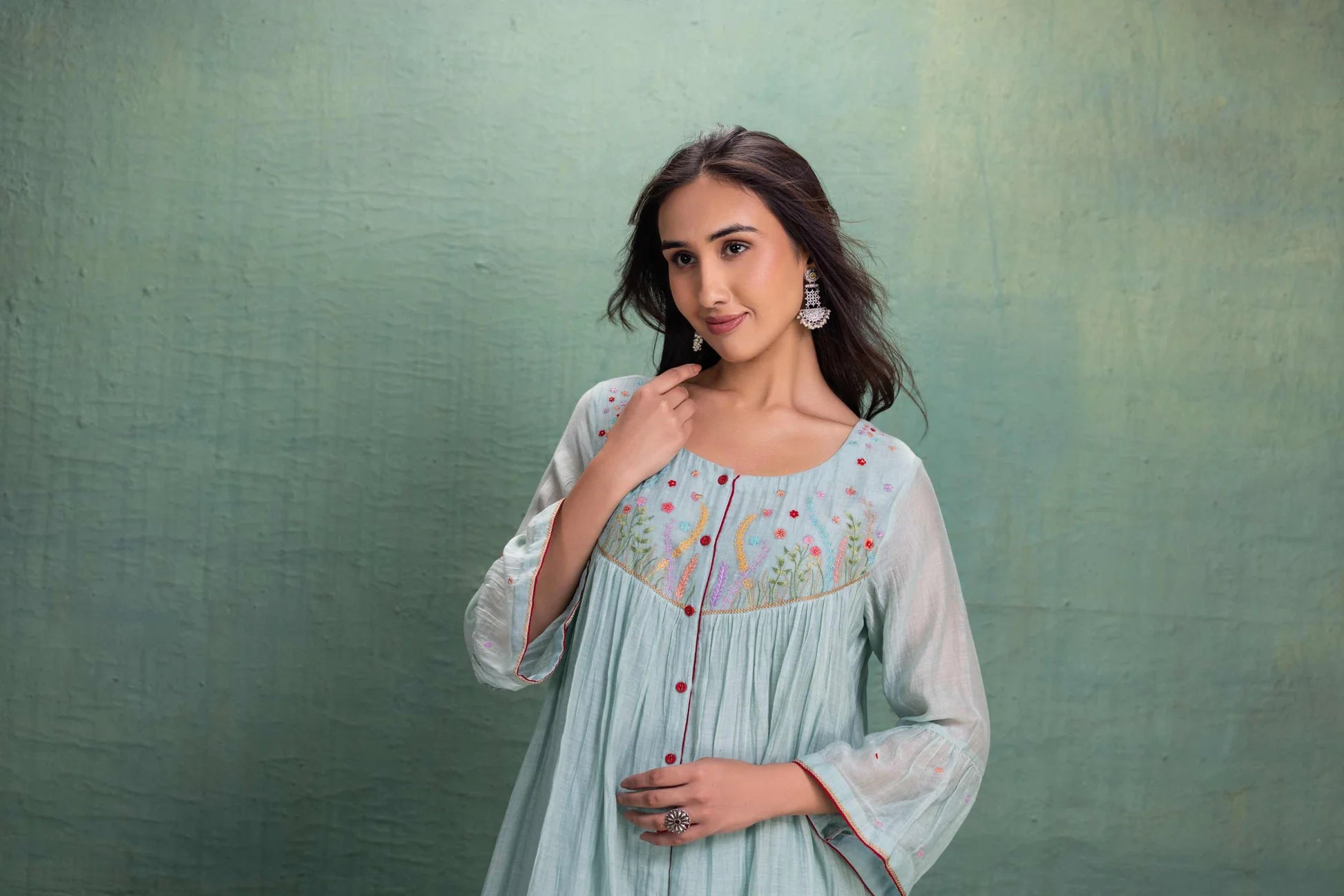 Sky Blue Embroidered Cotton Kurta Pant Set for Women