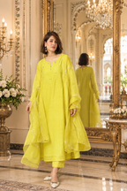 Lime Green Handwork Mul Chanderi Kurta Set with Flared Dupatta