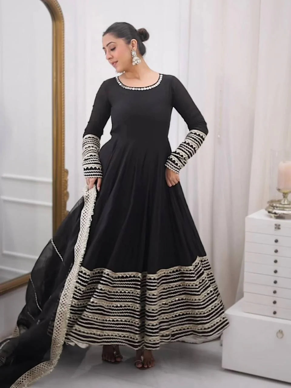 Midnight Black Embroidered Anarkali Suit Set with Dupatta