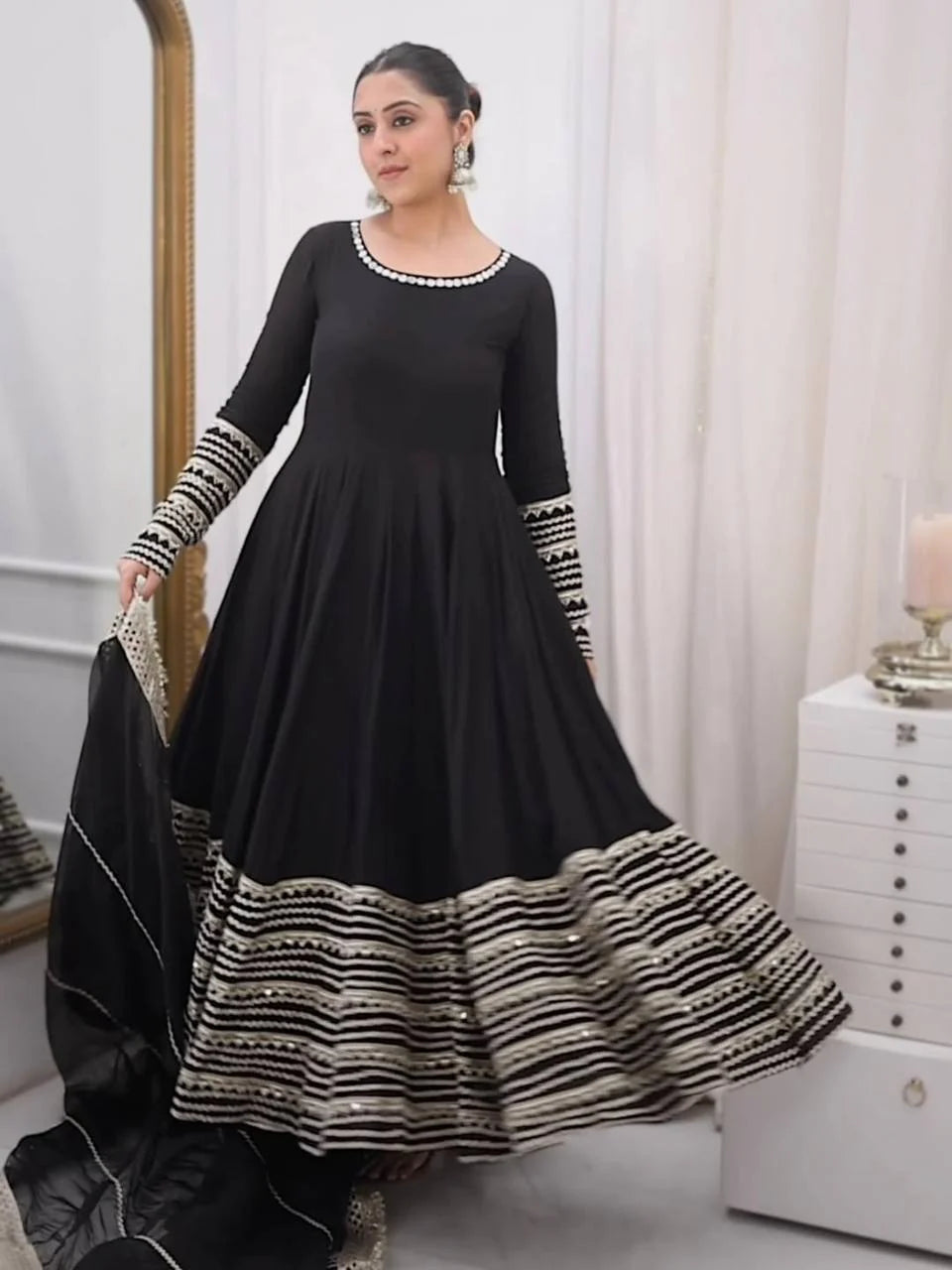 Midnight Black Embroidered Anarkali Suit Set with Dupatta