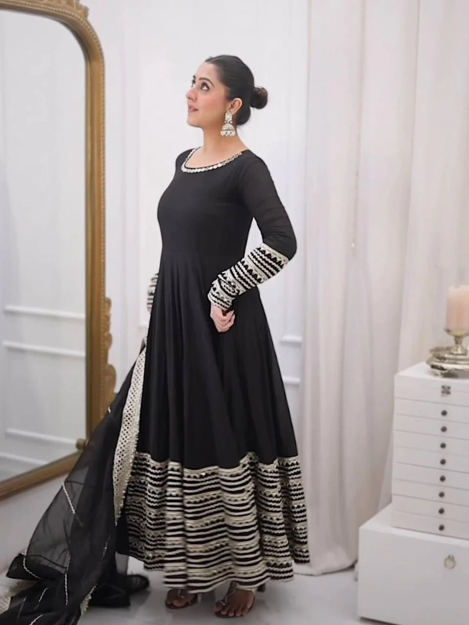 Midnight Black Embroidered Anarkali Suit Set with Dupatta