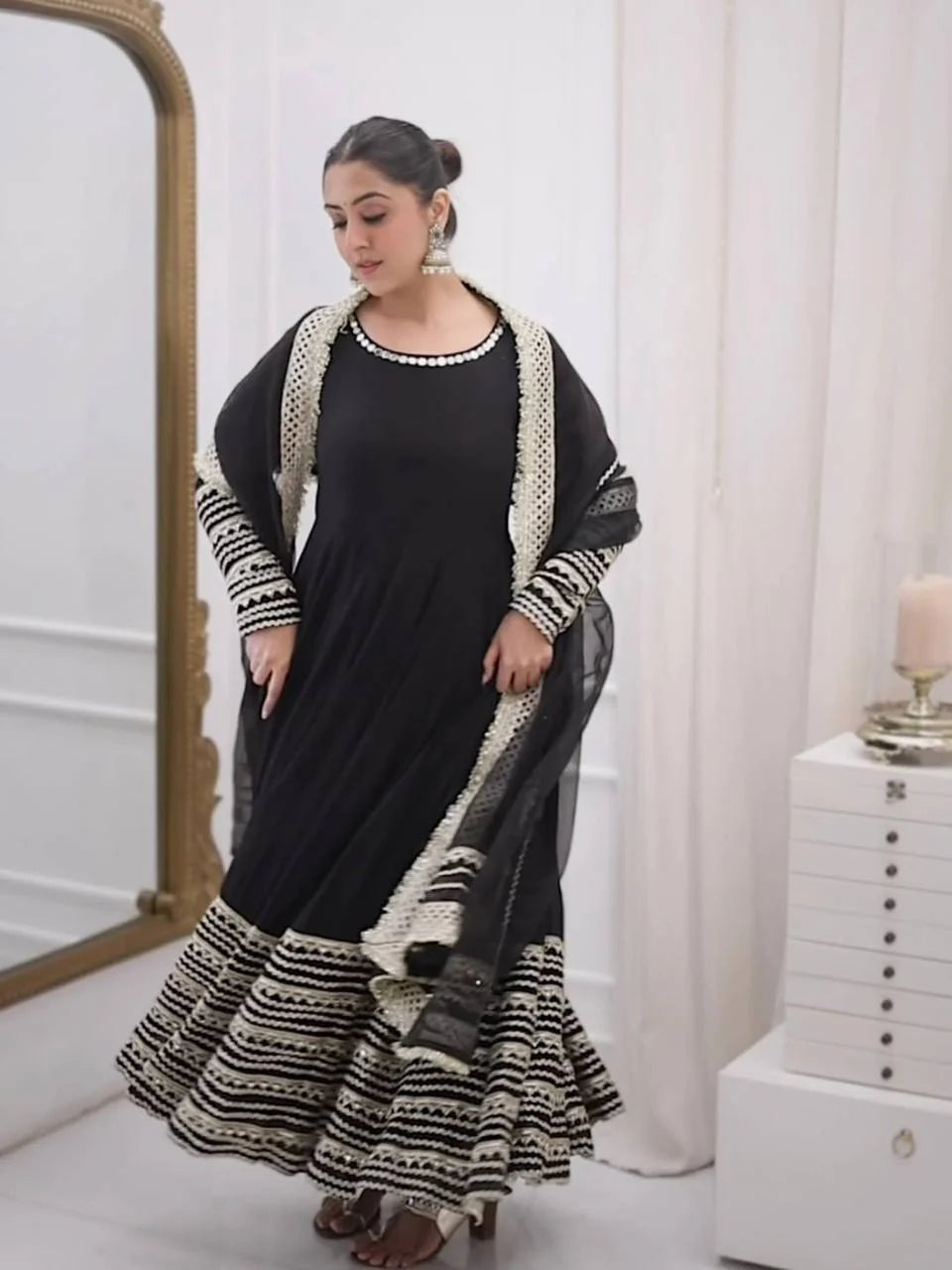 Midnight Black Embroidered Anarkali Suit Set with Dupatta