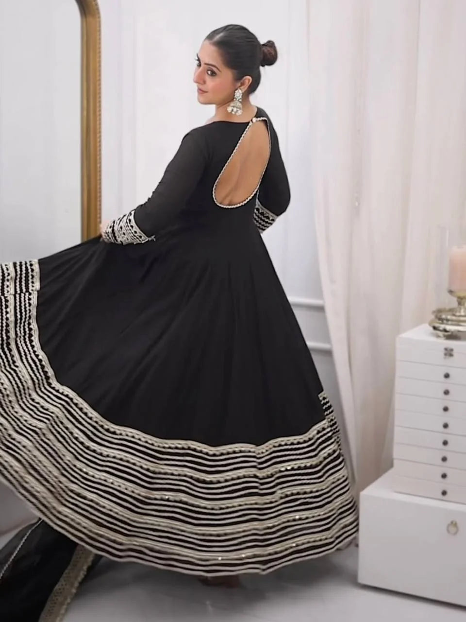 Midnight Black Embroidered Anarkali Suit Set with Dupatta