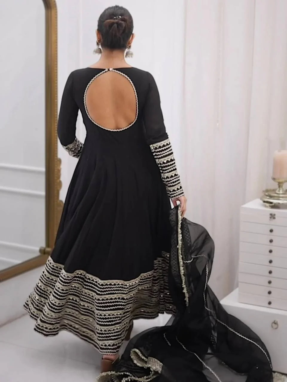 Midnight Black Embroidered Anarkali Suit Set with Dupatta