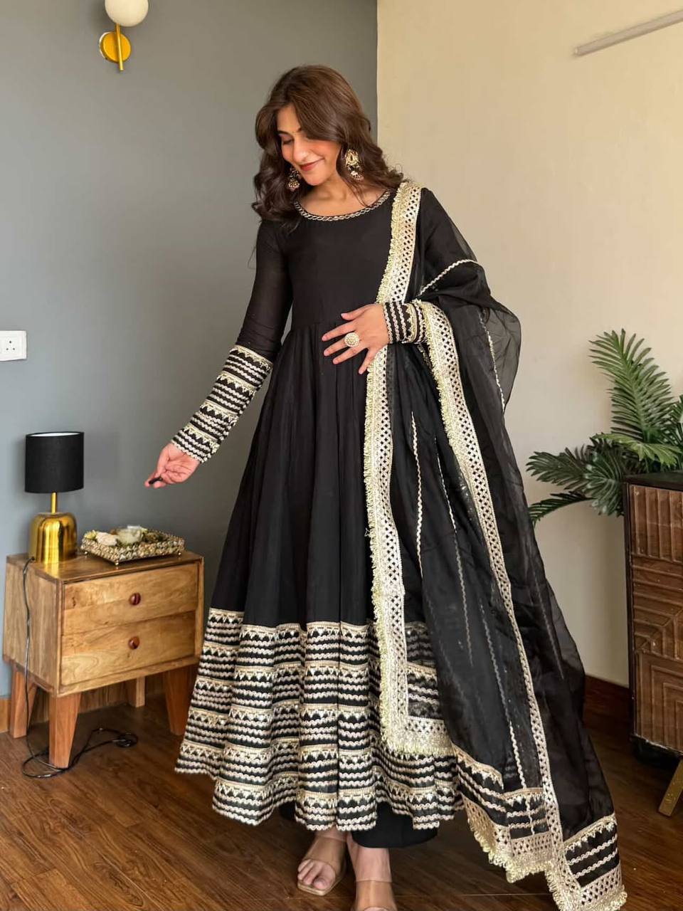 Midnight Black Embroidered Anarkali Suit Set with Dupatta