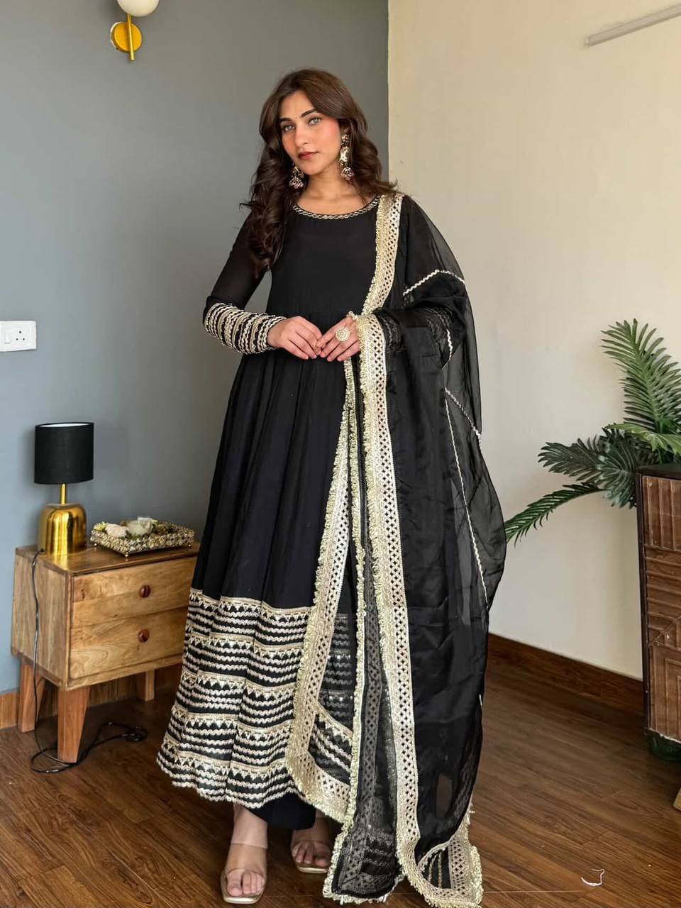 Midnight Black Embroidered Anarkali Suit Set with Dupatta