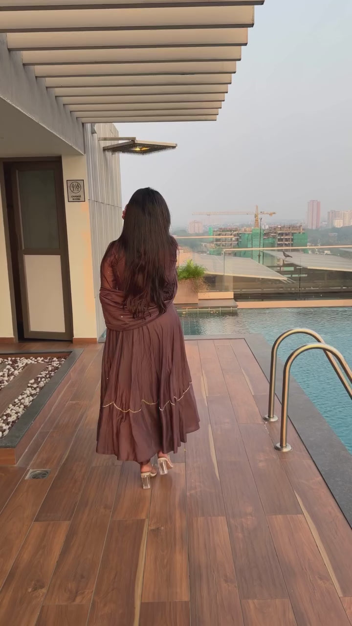 Brown Chanderi Silk Flared Dress with  Dupatta
